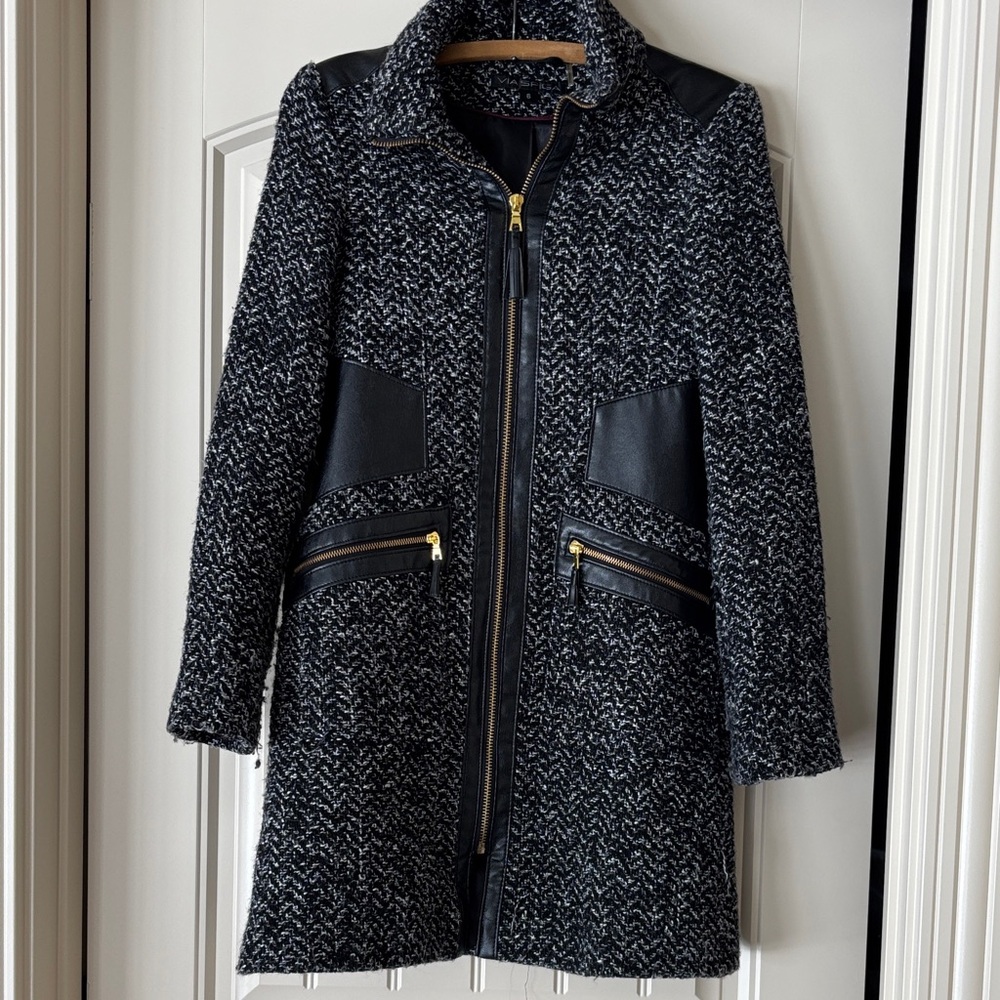 Via Spiga Black & White Tweed Zip-Front Coat